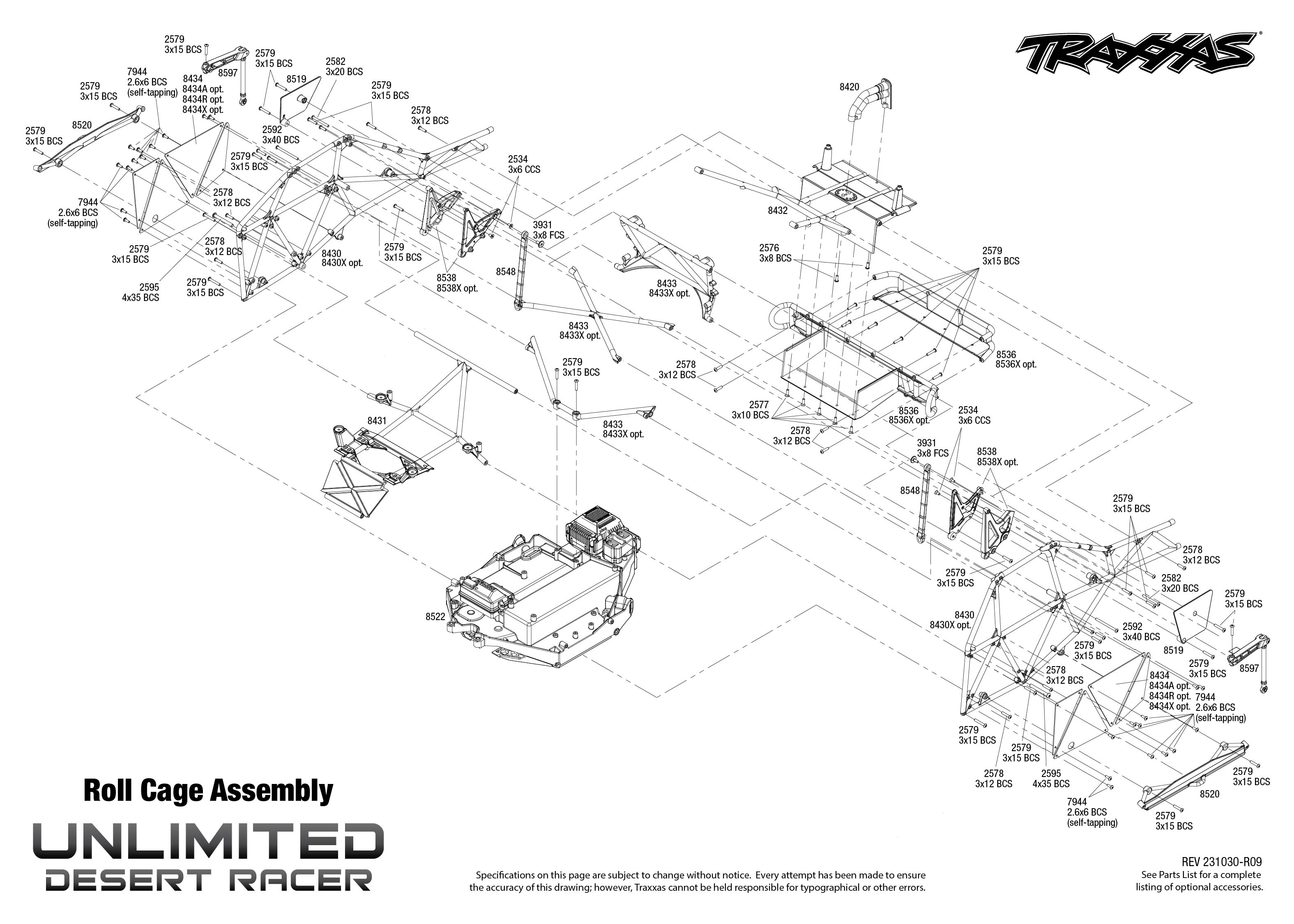 Traxxas Unlimited Desert Racer (85086-4) Roll Cage Assembly Exploded View