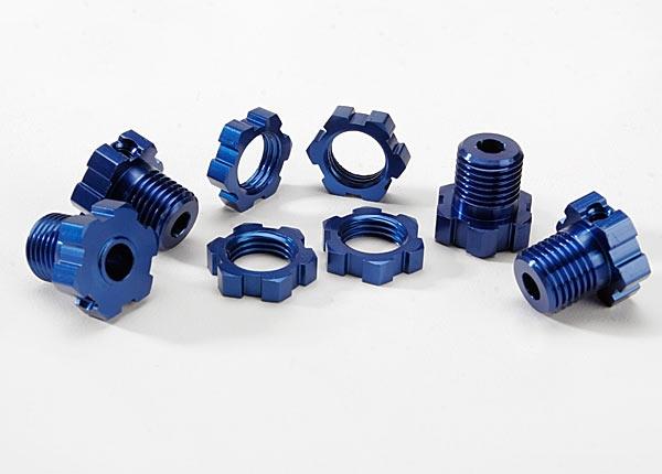 Traxxas Wheel hubs, splined, 17mm (blue-anodized) (4)/ wheel nuts, splined, 17mm (blue-anodized) (4)/ screw pins, 4x13mm (with threadlock) (4)