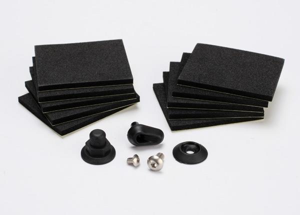 Traxxas Hatch post/hull water outlet/foam pads (10)/ washer (1)/ 4x8mm BCS, stainless steel/ 3x4mm BCS, stainless steel