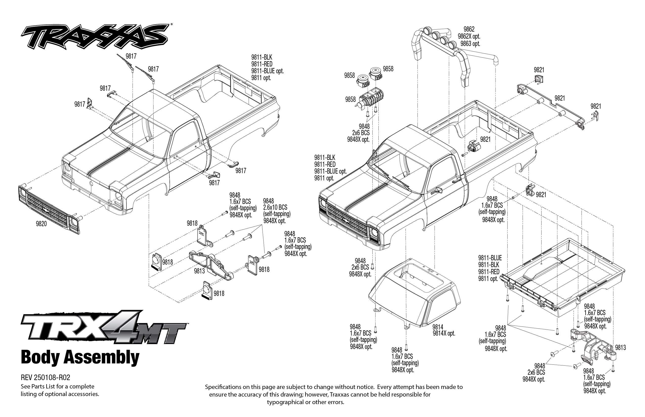 Traxxas TRX-4MT Chevrolet K10 Monster Truck (98064-1) Body Assembly Exploded View