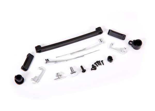 Traxxas Door handles left right and rear/ retainers (3)/ windshield wipers left & right/ retainer (1)/ fuel cap/ fuel flange/ fuel cap mount/ 1.6x5 BCS (self-tapping) (7)/ 2.6x8 BCS (1)