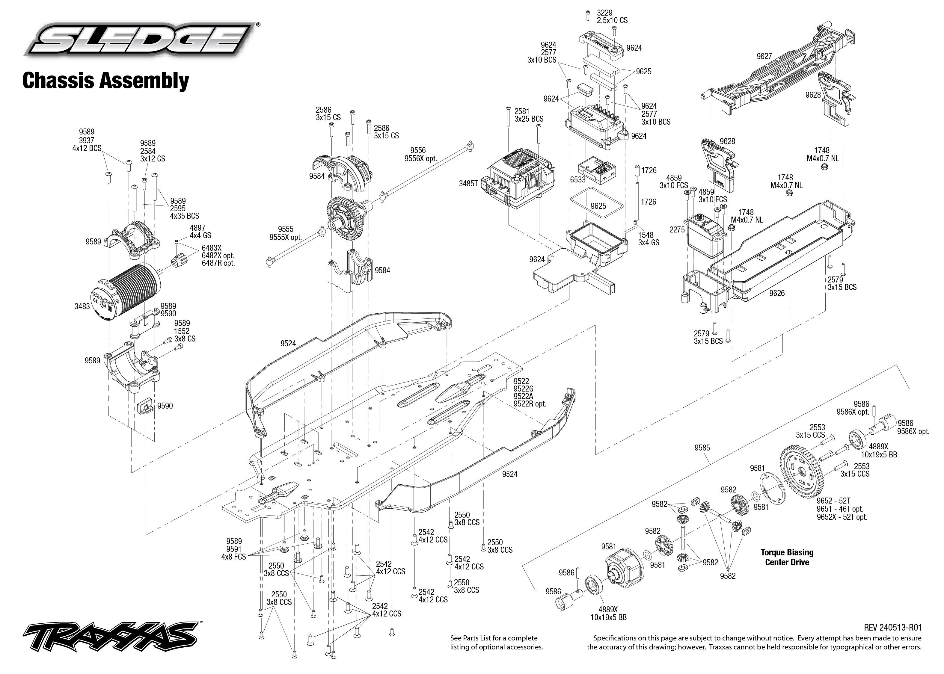 Traxxas Sledge® (95096-4) Chassis Assembly Exploded View