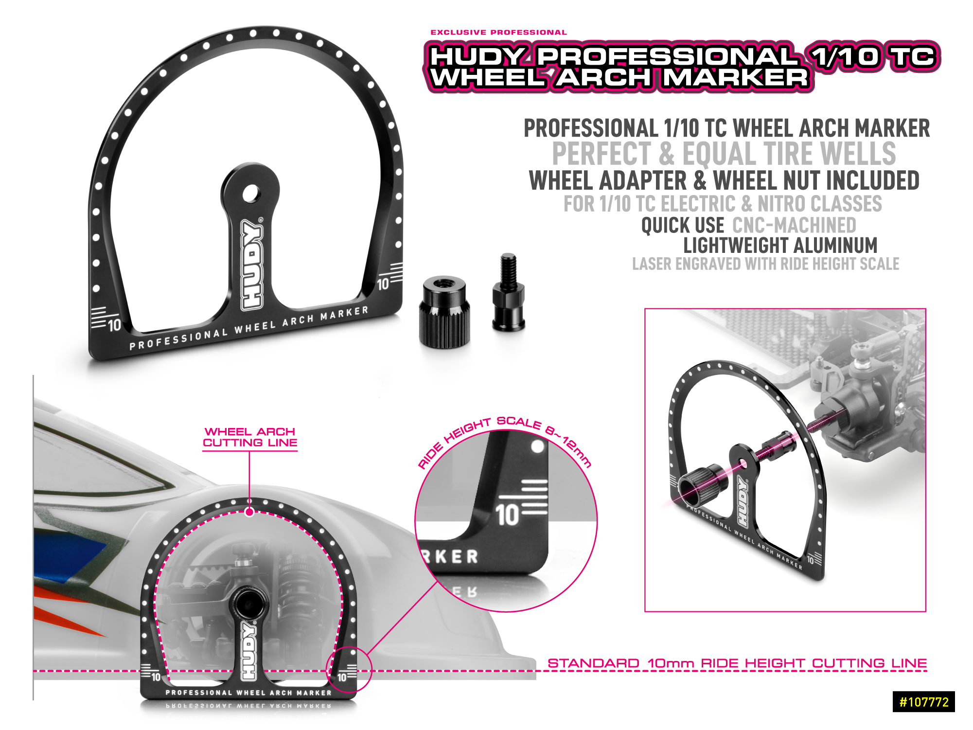 HUDY Professional 1/10 TC Wheel Arch Marker + Wheel Adapter & Nut