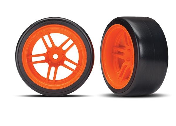 Traxxas Tires & wheels, assembled, glued (split-spoke orange wheels, 1.9" Drift tires) (rear) (2)