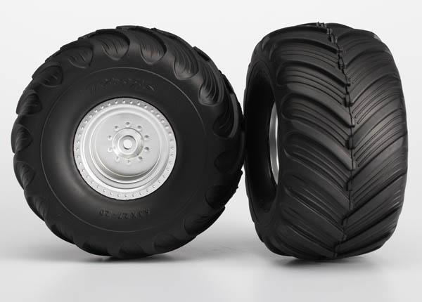Traxxas Tires & wheels, assembled, glued (satin chrome wheels, Terra Groove dual profile tires, foam inserts) (electric rear) (2)