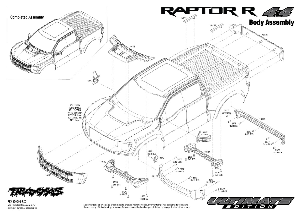 Traxxas Raptor R 4X4 Ultimate (101177-4) Body Assembly Exploded View