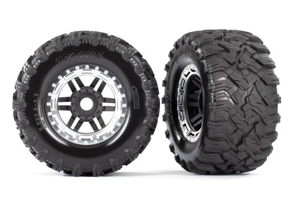 Traxxas Tires & wheels, assembled, glued (black, satin chrome beadlock style wheels, Maxx MT tires, foam inserts) (2) (17mm splined) (TSM rated)