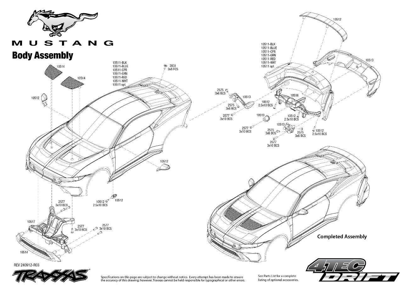 Traxxas 4-Tec Drift Ford Mustang (105237-4) Body Assembly Exploded View