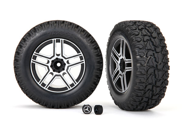 Traxxas Tires & wheels, assembled, glued (2.6" black, satin chrome-plated Mercedes-Benz® G 500® 4x4² wheels, 4.6x2.6" tires) (2)/ center caps (2) (requires #8255A extended thread stub axle)
