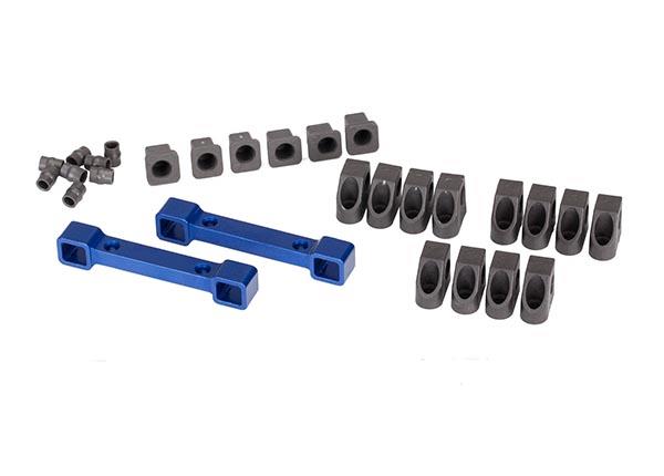Traxxas Mounts, suspension arms, aluminum (blue-anodized) (front & rear)/ hinge pin retainers (12)/ inserts (6)