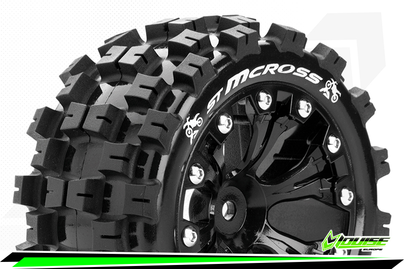 Louise RC ST-Mcross 1/10 Stadium Truck Tire Set Mounted Sport Black 2.8'' Wheels 0'' Offset Hex 12mm (2)