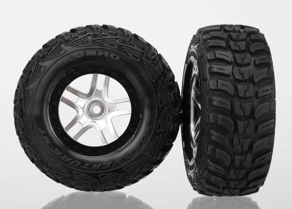 Traxxas Tire & wheel assy, glued (S1 compound) (SCT Split-Spoke satin chrome, black beadlock wheel, Kumho tire, insert) (2) (4WD front/rear, 2WD rear only)