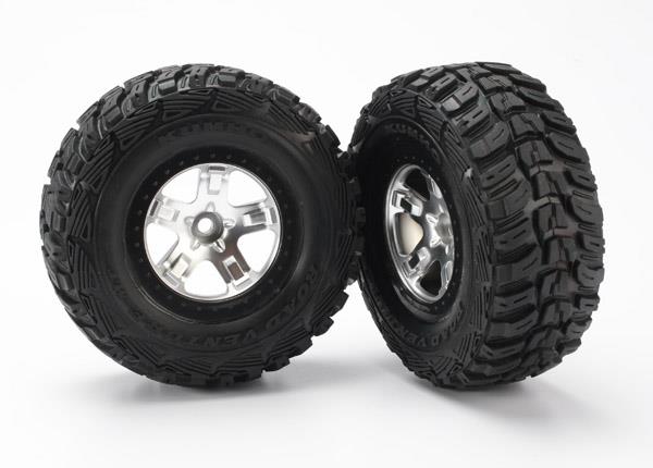 Traxxas Tire & wheel assy, glued (SCT satin chrome, black beadlock style wheels, Kumho tires, foam inserts) (2) (2WD front)
