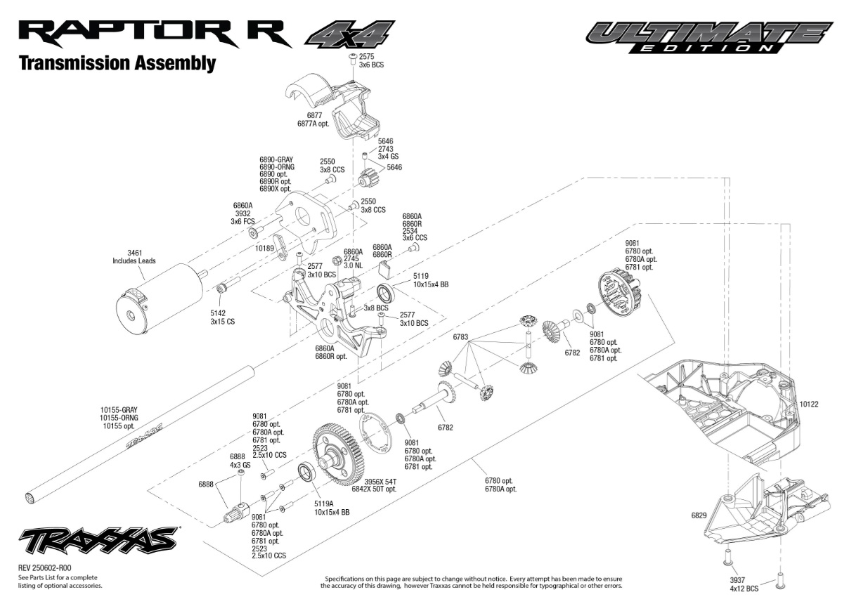 Traxxas Raptor R 4X4 Ultimate (101177-4) Transmission Assembly Exploded View