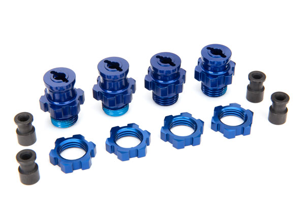 Traxxas Wheel hubs, splined, 17mm, short (2), long (2) (blue-anodized) / wheel nuts, splined, 17mm (blue-anodized) (4)/ hub retainer M4 X 0.7 (4)/ axle pin (4)