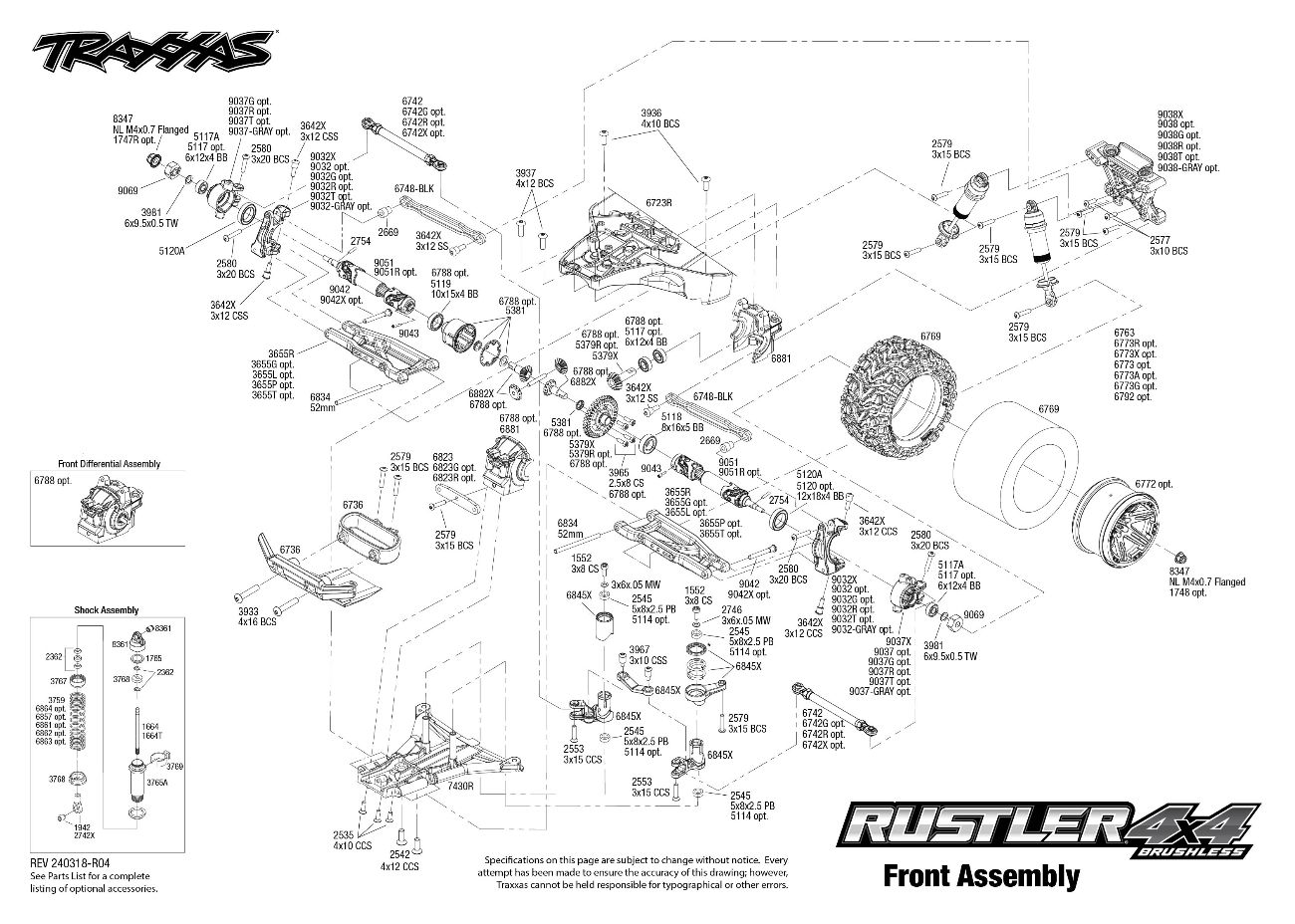 Traxxas Rustler 4X4 Brushless (67164-4) Front Assembly Exploded View