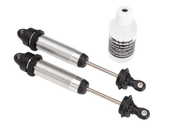Traxxas Shocks, GTR, 134mm, silver aluminum (fully assembled w/o springs) (front, threaded) (2)
