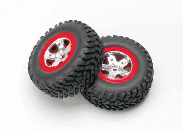 Traxxas Tires & wheels, assembled, glued (SCT, satin chrome wheels, red beadlock, (dual profile 2.2" outer 3.0" inner), SCT off-road tires, foam inserts) (2) (Rear)
