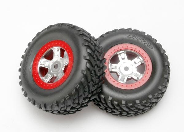 Traxxas Tires & wheels, assembled, glued (SCT satin chrome wheels, red beadlock style, SCT off-road racing tires, foam inserts) (2)