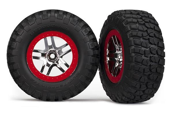 Traxxas Tire & wheel assy, glued (SCT Split-Spoke, chrome red beadlock wheels, BFGoodrich® Mud-Terrain™ T/A® KM2 tires, inserts) (2) (2WD Front)