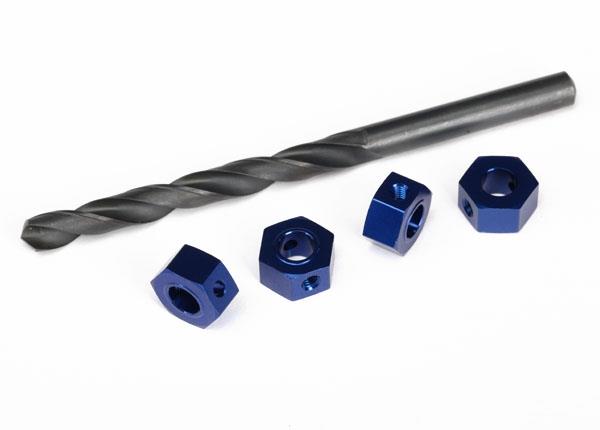 Traxxas Wheel adaptors, 12mm hex, 6061-T6 aluminum (blue-anodized) (4)/ 3x10 screw pins (4)/ drill bit, 0.25 inch (for 6mm shafts)
