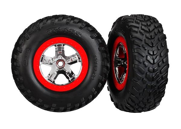 Traxxas Tires & wheels, assembled, glued (SCT chrome wheels, red beadlock style, dual profile (2.2" outer, 3.0" inner), SCT off-road racing tires, foam inserts) (2) (2wd front)