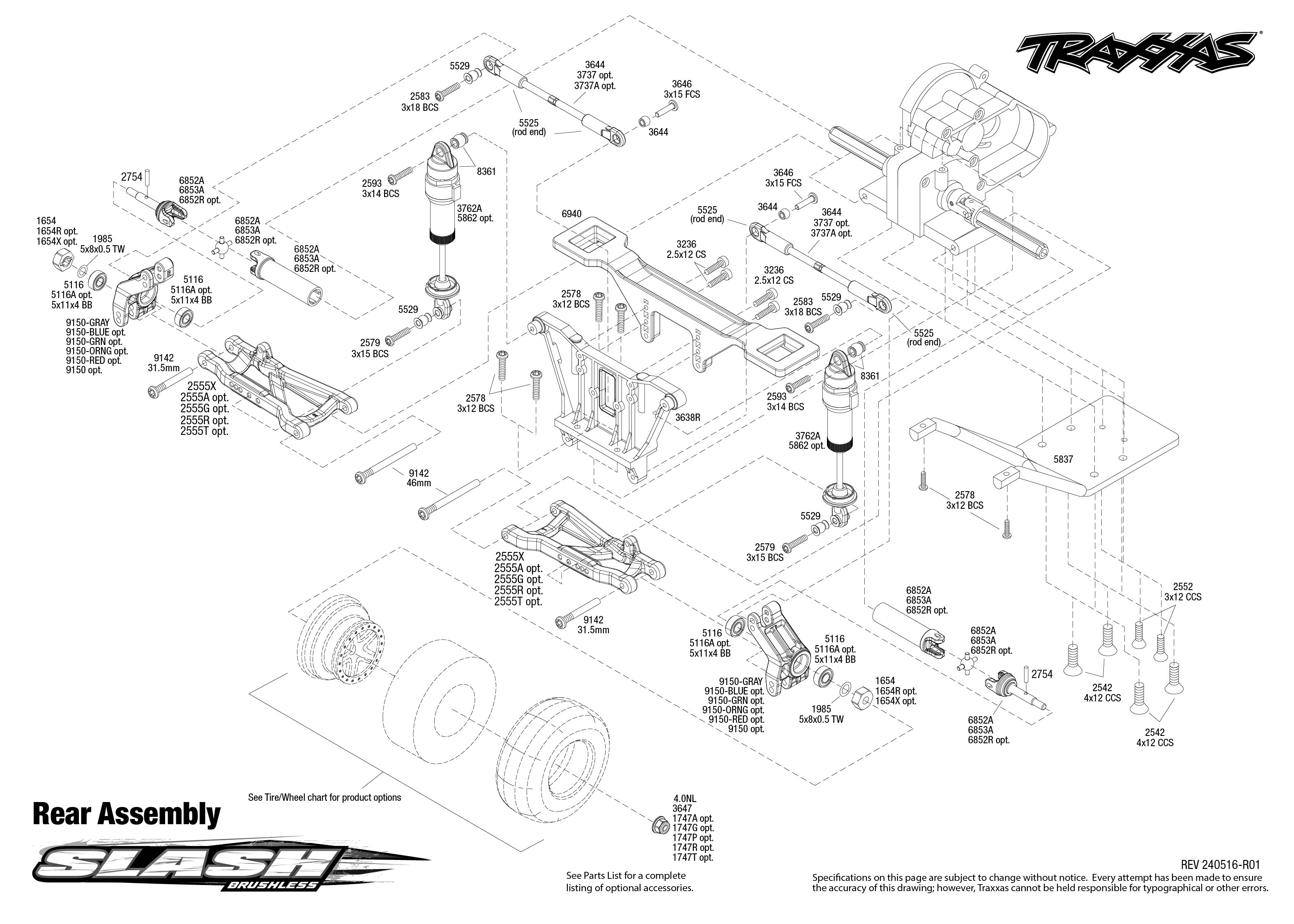 Traxxas Slash 2WD Brushless Unassembled Kit (58314-4) Rear Assembly Exploded View