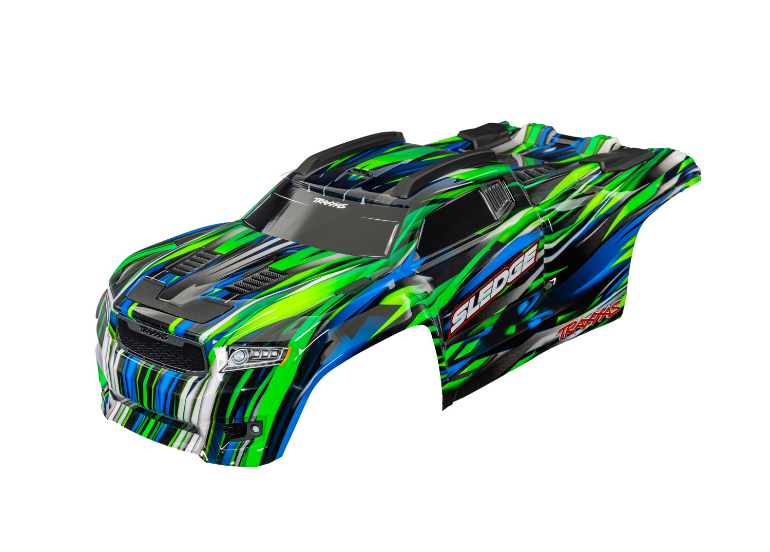 Traxxas Body Sledge Green (painted, decals applied) (assembled with front & rear body mounts and rear body support for clipless mounting)