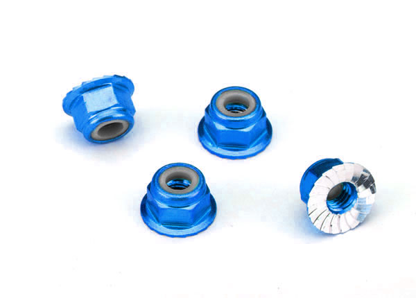 Traxxas Nuts aluminum flanged serrated (4mm) (blue-anodized) (4)