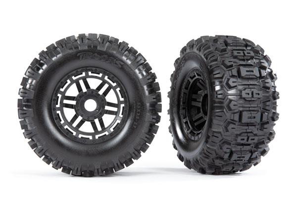 Traxxas Tires & wheels, assembled, glued (black wheels, dual profile (2.8" outer, 3.6" inner), Sledgehammer tires, foam inserts) (17mm splined) (TSM rated) (2)
