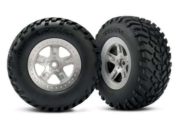 Traxxas Tires & wheels, assembled, glued (SCT, satin chrome wheels, beadlock type, (dual profile 2.2" outer 3.0" inner), SCT off-road tires, foam inserts) (2) (Rear) (TSM® rated)