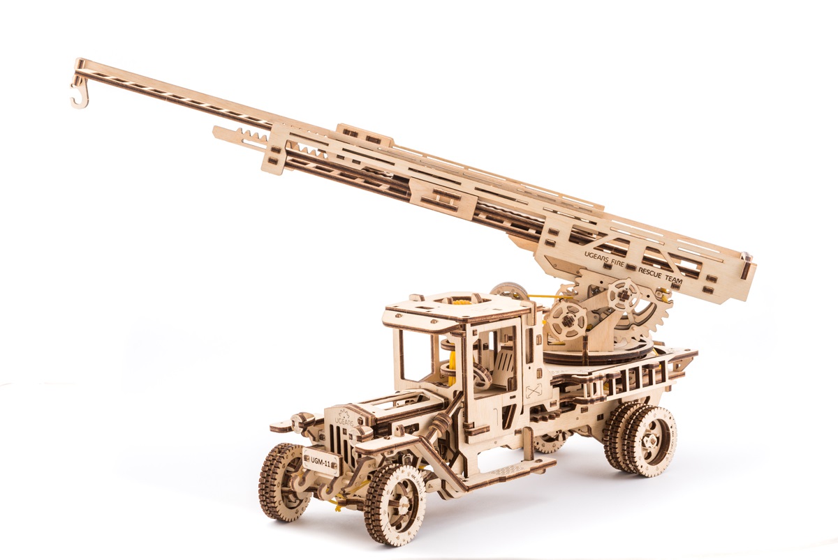 U-Gears Brandweertruck met ladder / Fire Ladder mechanisch houten bouwpakket