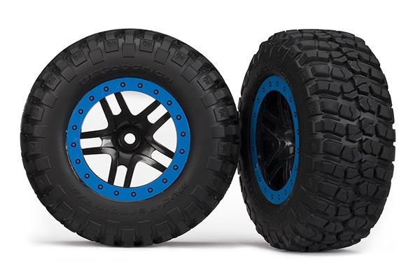 Traxxas Tire & wheel assy, glued (SCT Split-Spoke, black, blue beadlock wheels, BFGoodrich® Mud-Terrain™ T/A® KM2 tires, inserts) (2) (2WD Front)