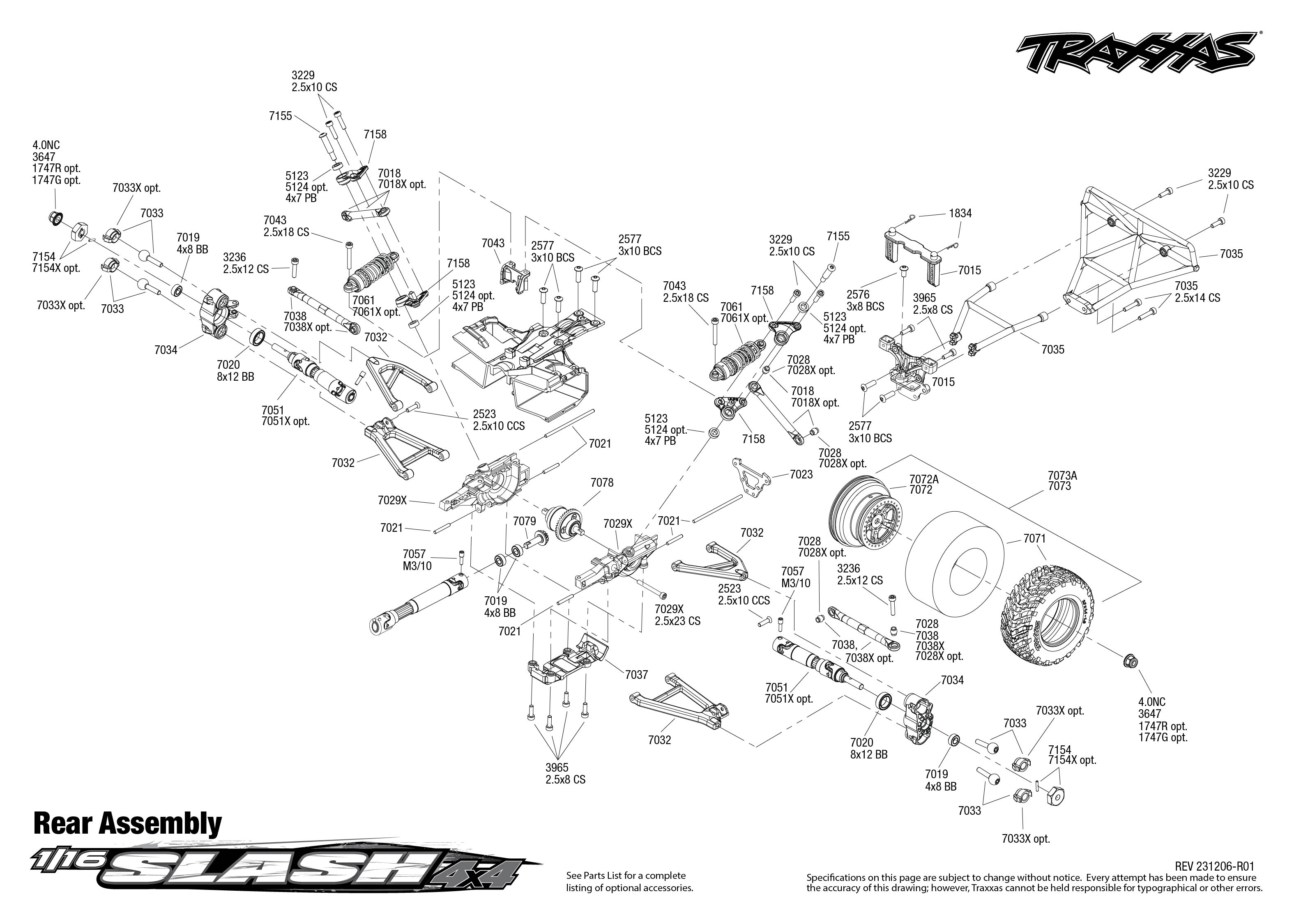 Traxxas 1/16 Slash 4X4 (70054-8) Rear Assembly Exploded View