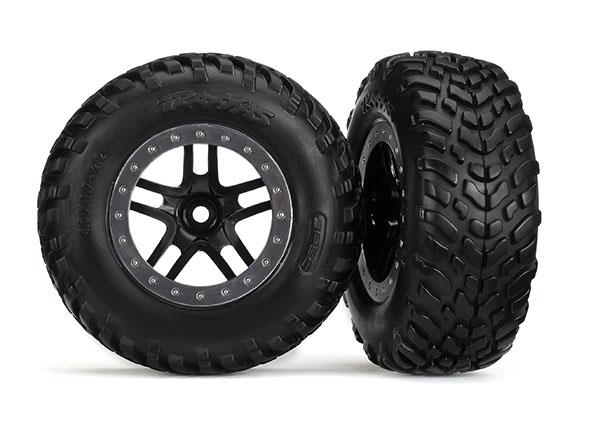 Traxxas Tires & wheels, assembled, glued (SCT Split-Spoke black, satin chrome beadlock style wheels, dual profile (2.2" outer, 3.0" inner), SCT off-road racing tires, foam inserts) (2) (2WD front) (TSM® rated)