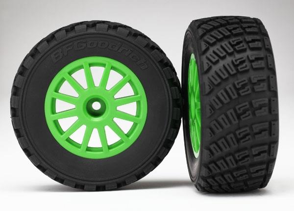 Traxxas Tires & wheels, assembled, glued (green wheels, gravel pattern tires, foam inserts) (2) TSM® rated