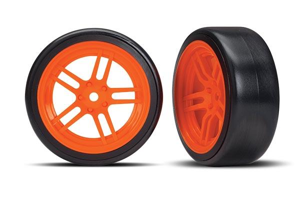 Traxxas Tires & wheels, assembled, glued (split-spoke orange wheels, 1.9" Drift tires) (front) (2)