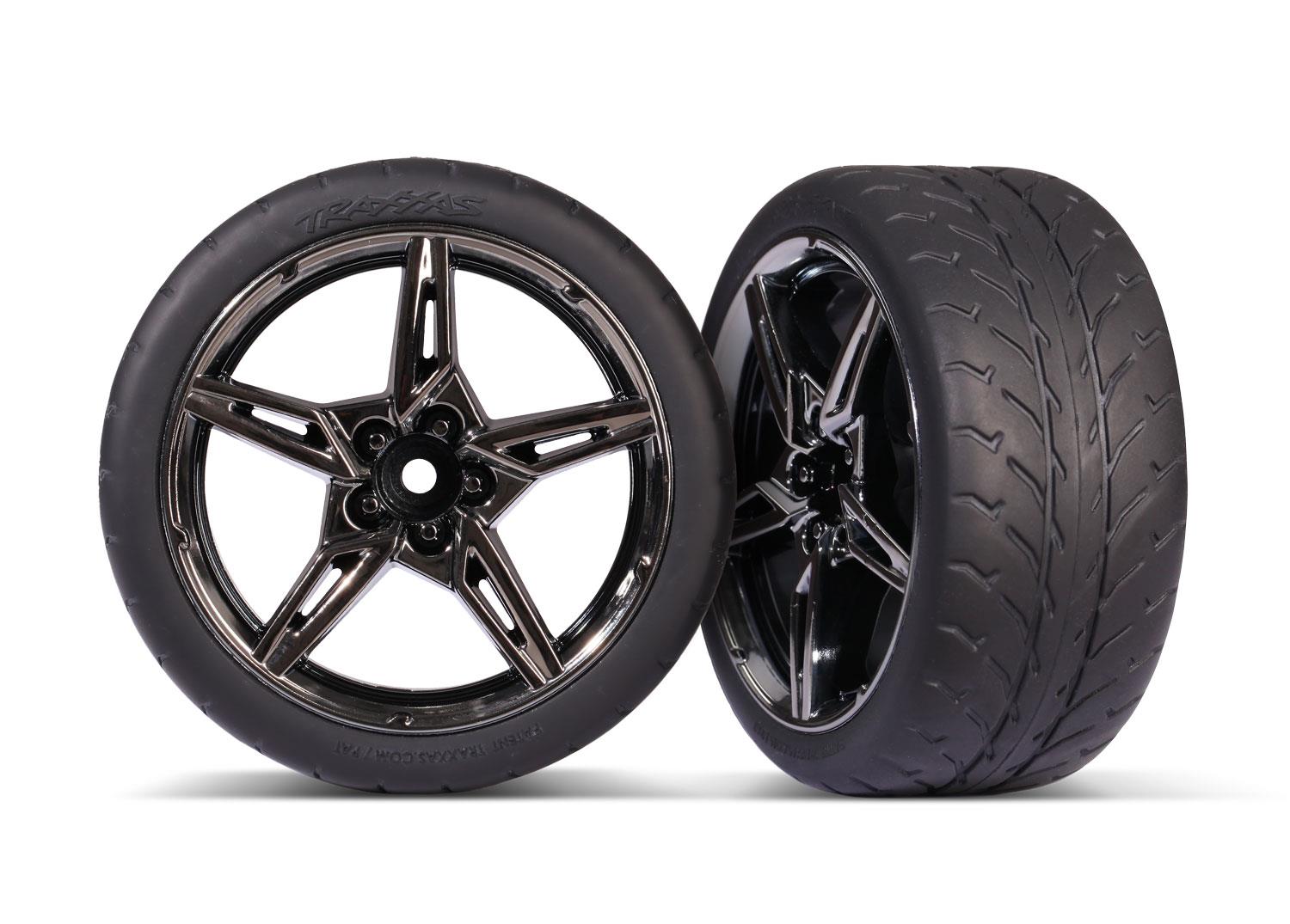 Traxxas Tires and wheels assembled glued (split-spoke black chrome wheels 1.9' Response tires) (extra wide rear) (2)