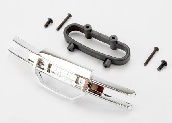 Traxxas Bumper, front (chrome)/ bumper mount, front/ 4x10mm BCS (2)/ 3x25mm BCS (2)