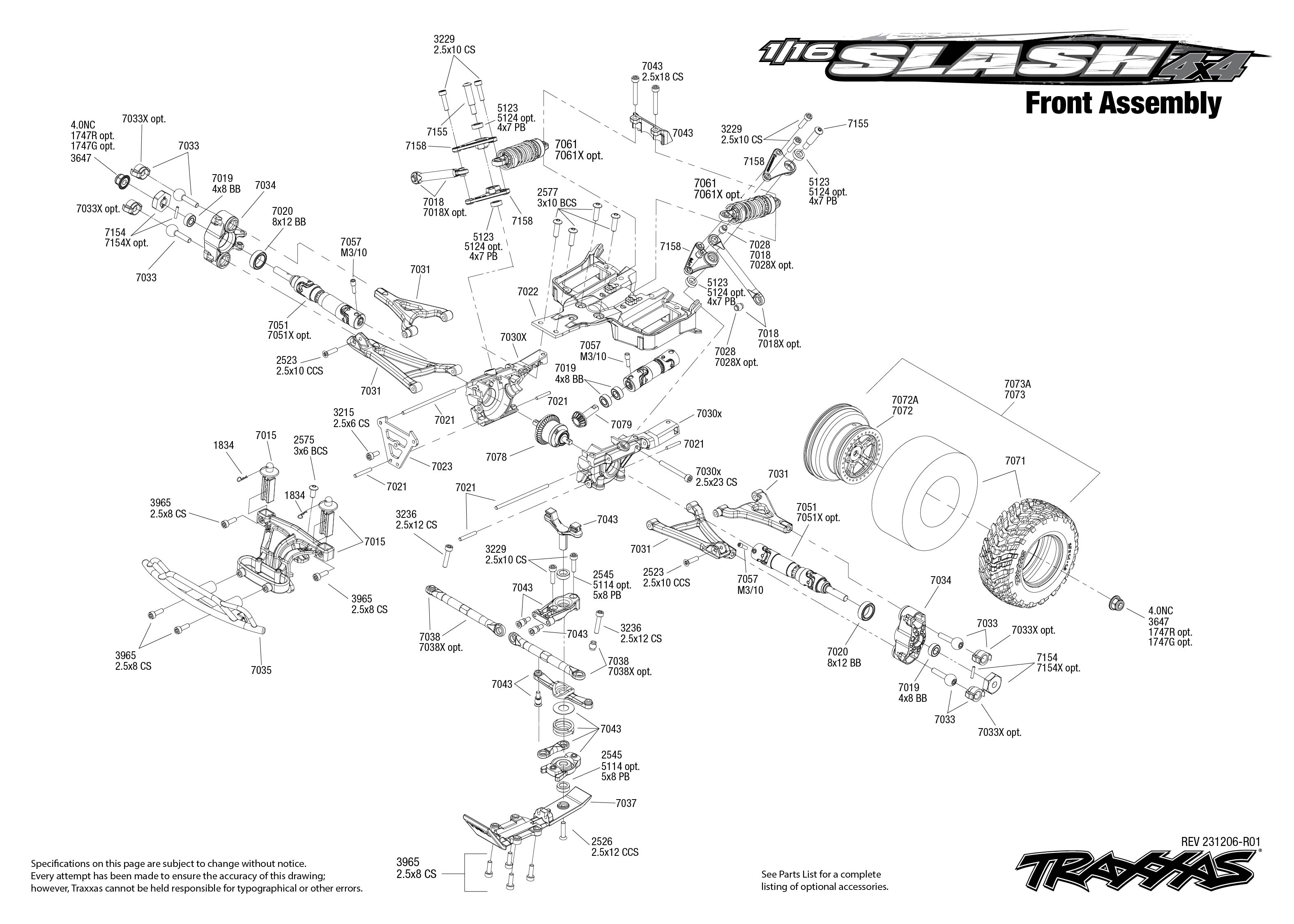 Traxxas 1/16 Slash 4X4 (70054-8) Front Assembly Exploded View