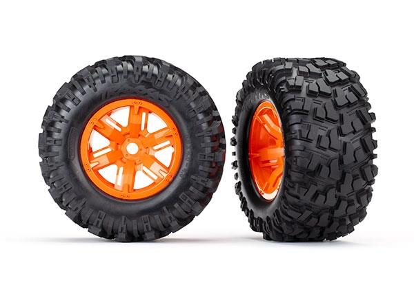 Traxxas Tires & wheels, assembled, glued (X-Maxx® orange wheels, Maxx® AT tires, foam inserts) (left & right) (2)