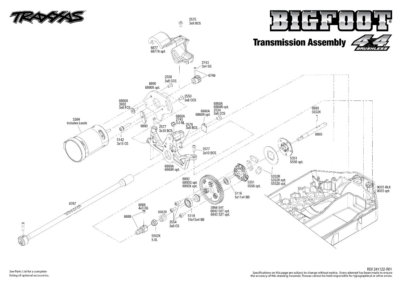 Traxxas Bigfoot 4X4 Brushless (67134-4) Transmission Assembly Exploded View