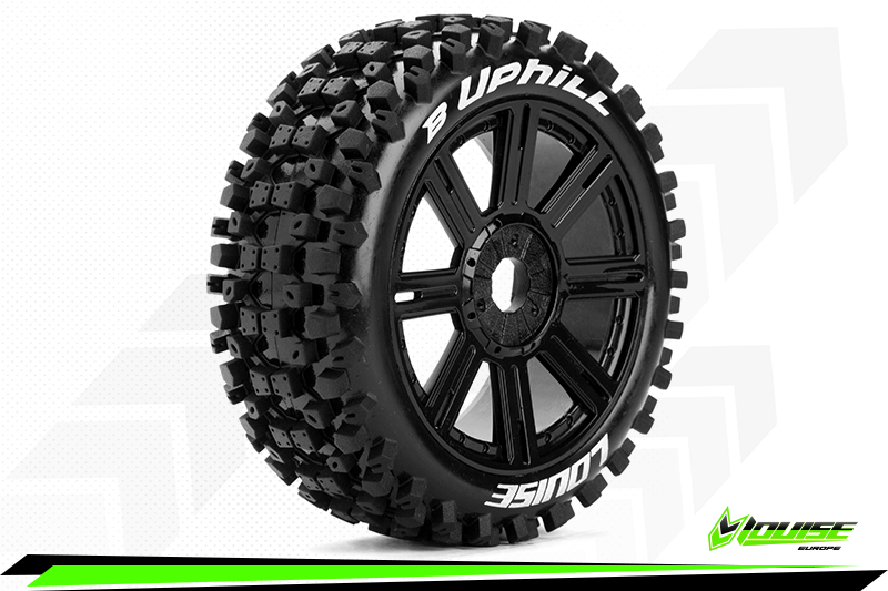 Louise RC B-Uphill 1/8 Buggy Tire Set Mounted Soft Black Spoke Wheels Hex 17mm (2)