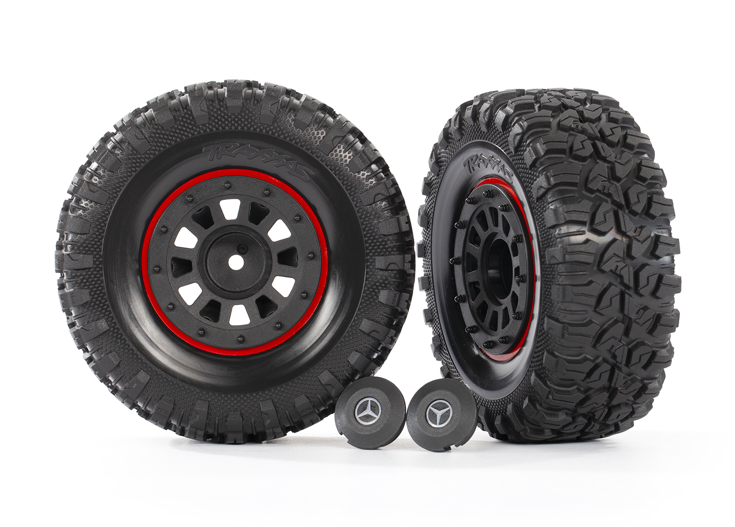 Traxxas Tires & wheels, assembled, glued (2.2" black Mercedes-Benz® G 63® wheels, Canyon RT 4.6x2.2" tires) (2)/ center caps (2)/ beadlock rings (2) (requires #8255A extended thread stub axle)