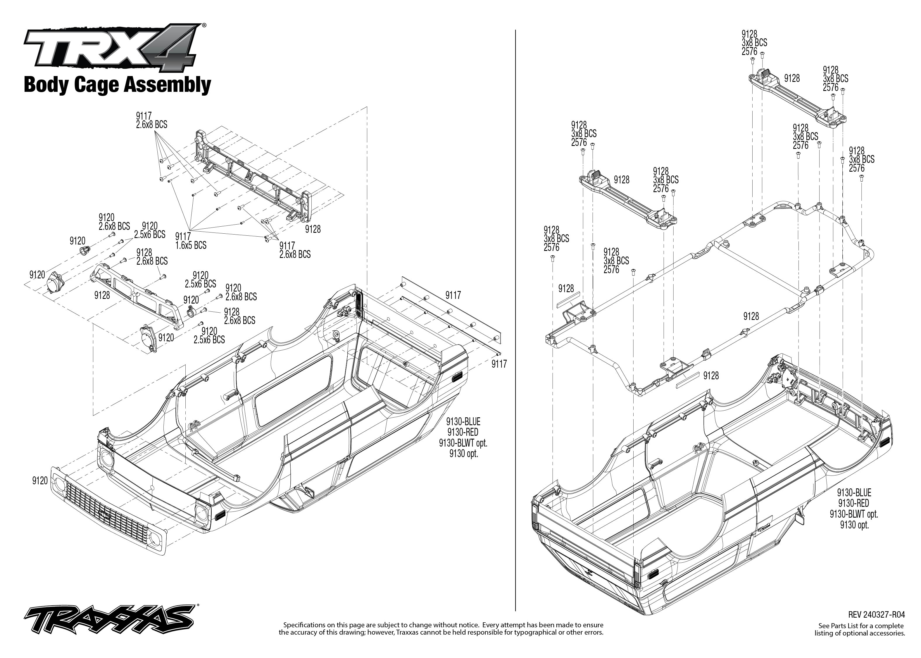 Traxxas TRX-4 1972 Chevrolet K5 Blazer High Trail Edition (92086-4) Body Cage Assembly Exploded View