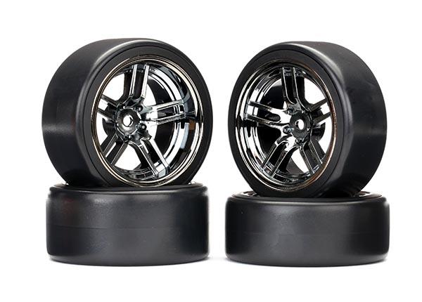 Traxxas Tires & wheels, assembled, glued (split-spoke black chrome wheels, 1.9" Drift tires) (front and rear) (2)
