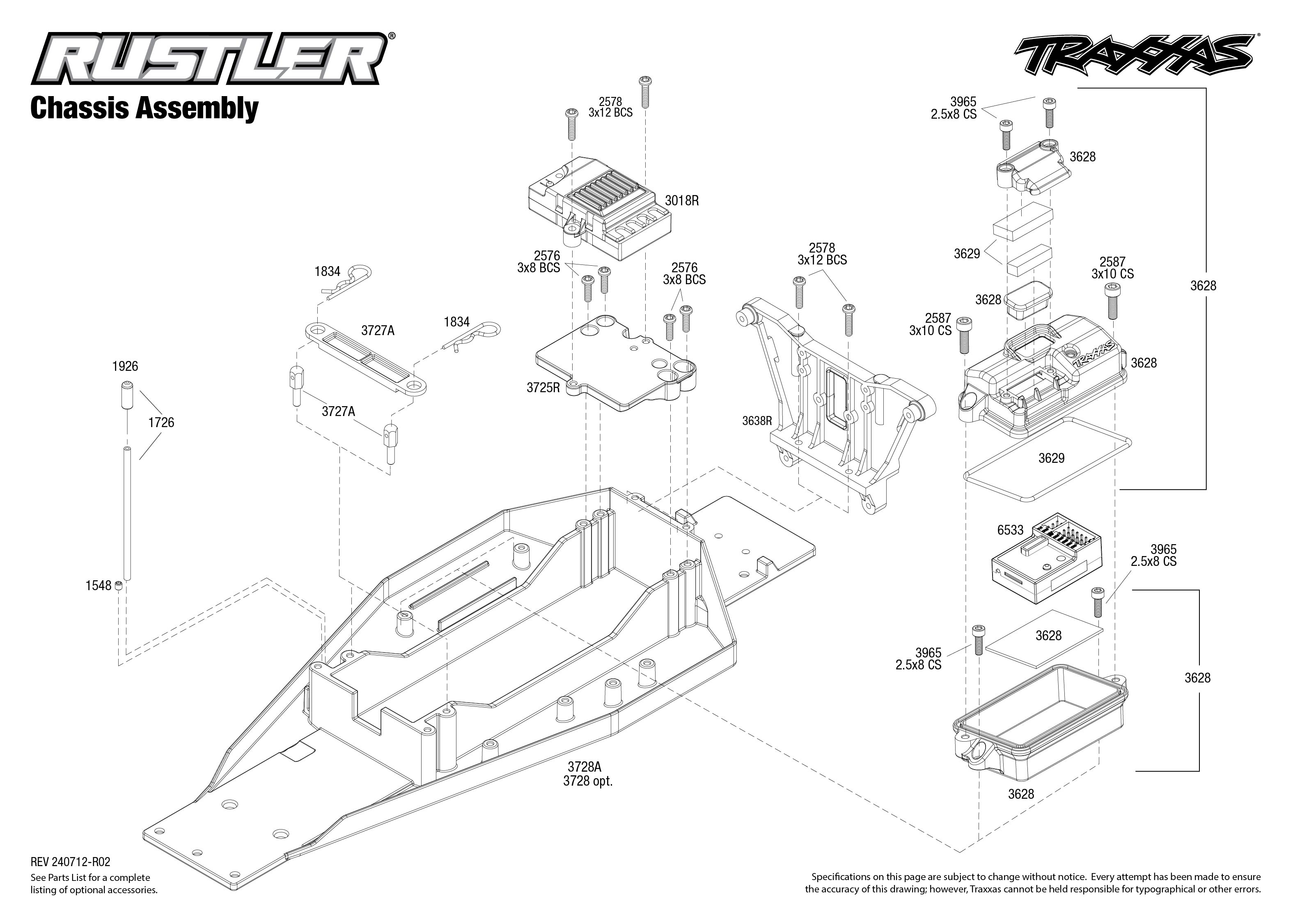 Traxxas Rustler (37254-8) Chassis Assembly Exploded View