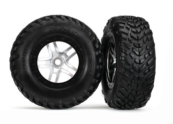 Traxxas Tire & wheel assembled, glued (S1 compound) (SCT Split-Spoke black, satin chrome beadlock style wheel (dual profile 2.2" outer 3.0" inner), SCT off-road tires, foam inserts) (2) (4WD f/r, 2WD rear) (TSM® rated)