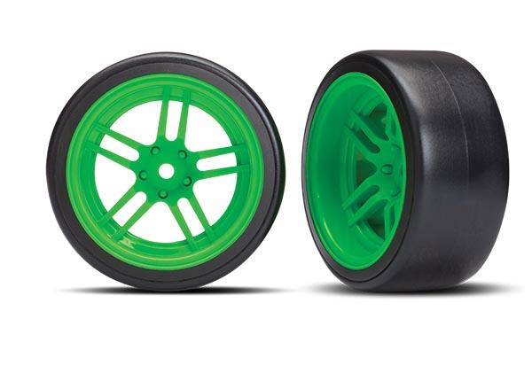Traxxas Tires & wheels, assembled, glued (split-spoke green wheels, 1.9" Drift tires) (rear) (2)