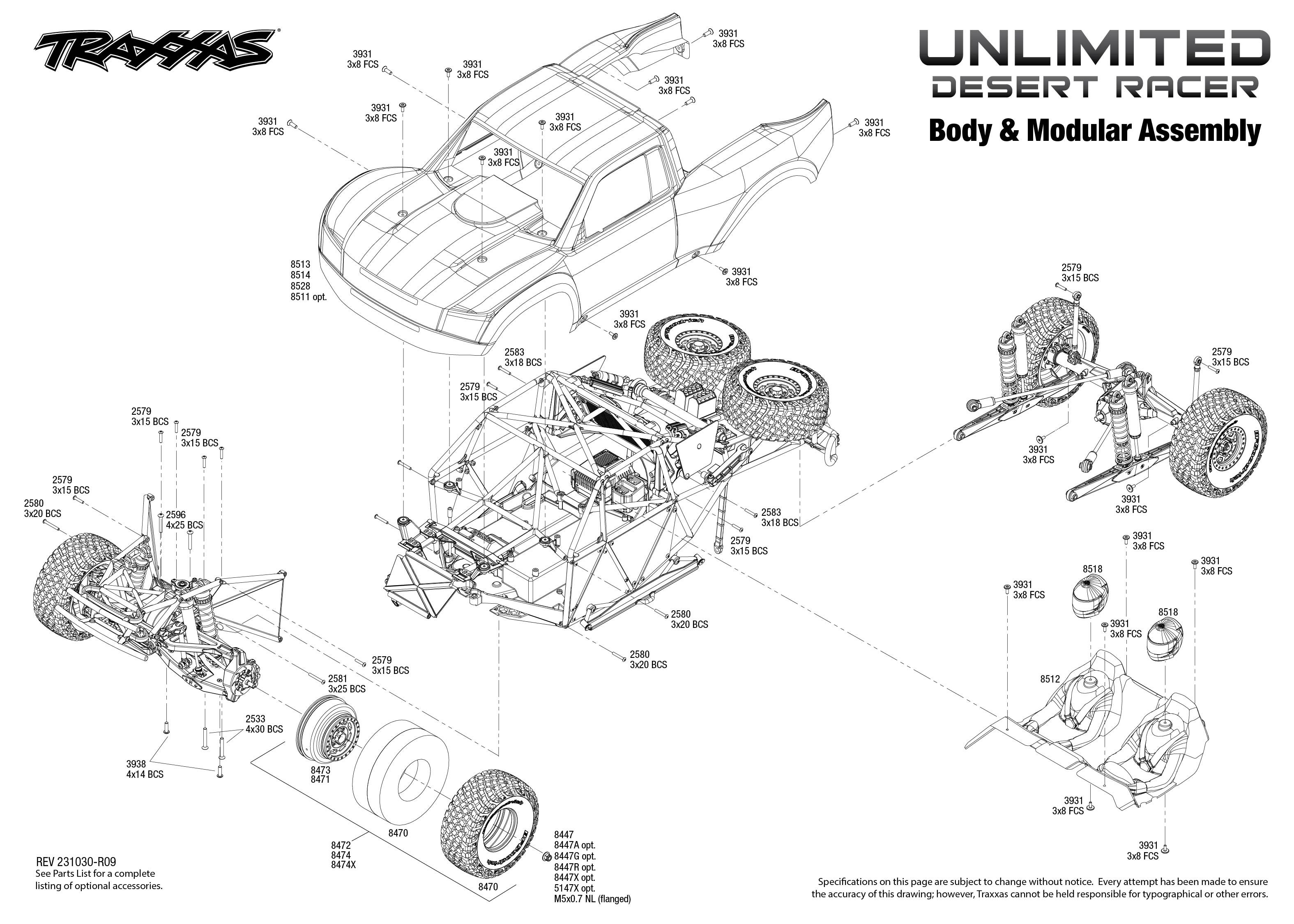 Traxxas Unlimited Desert Racer (85086-4) Body & Modular Assembly Exploded View
